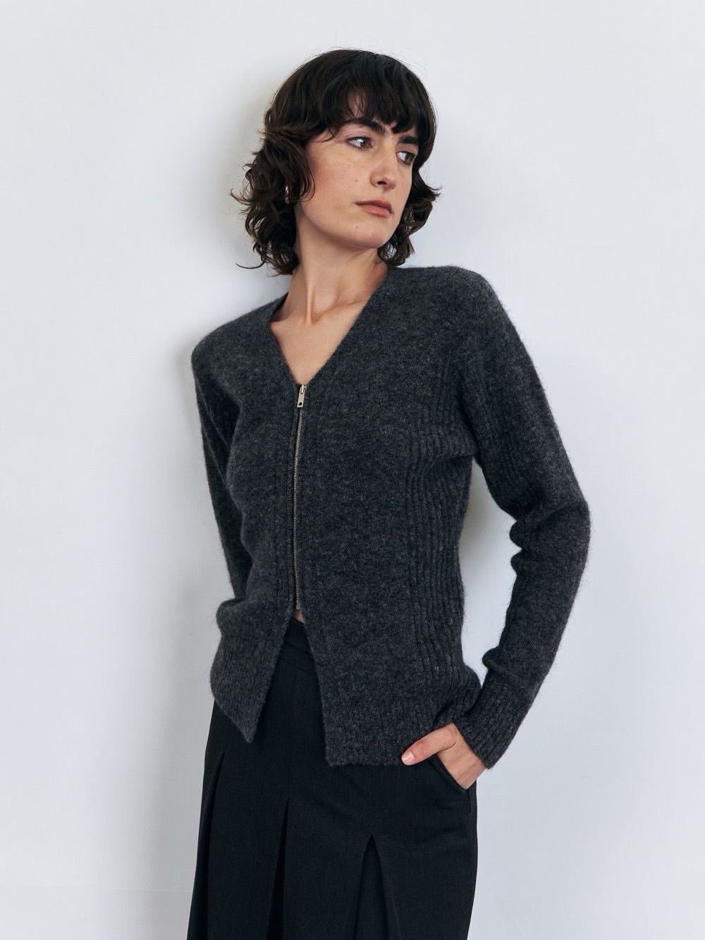 KUMÈ V-neck Zip-up Mohair Wool Cardigan